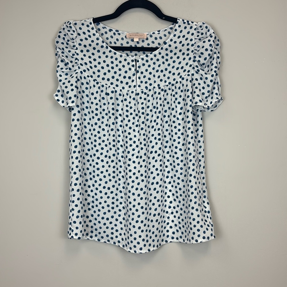 Blousology Blue Polka Dot Keyhole Blouse Top Ruched Ruffled Sleeve Size XS